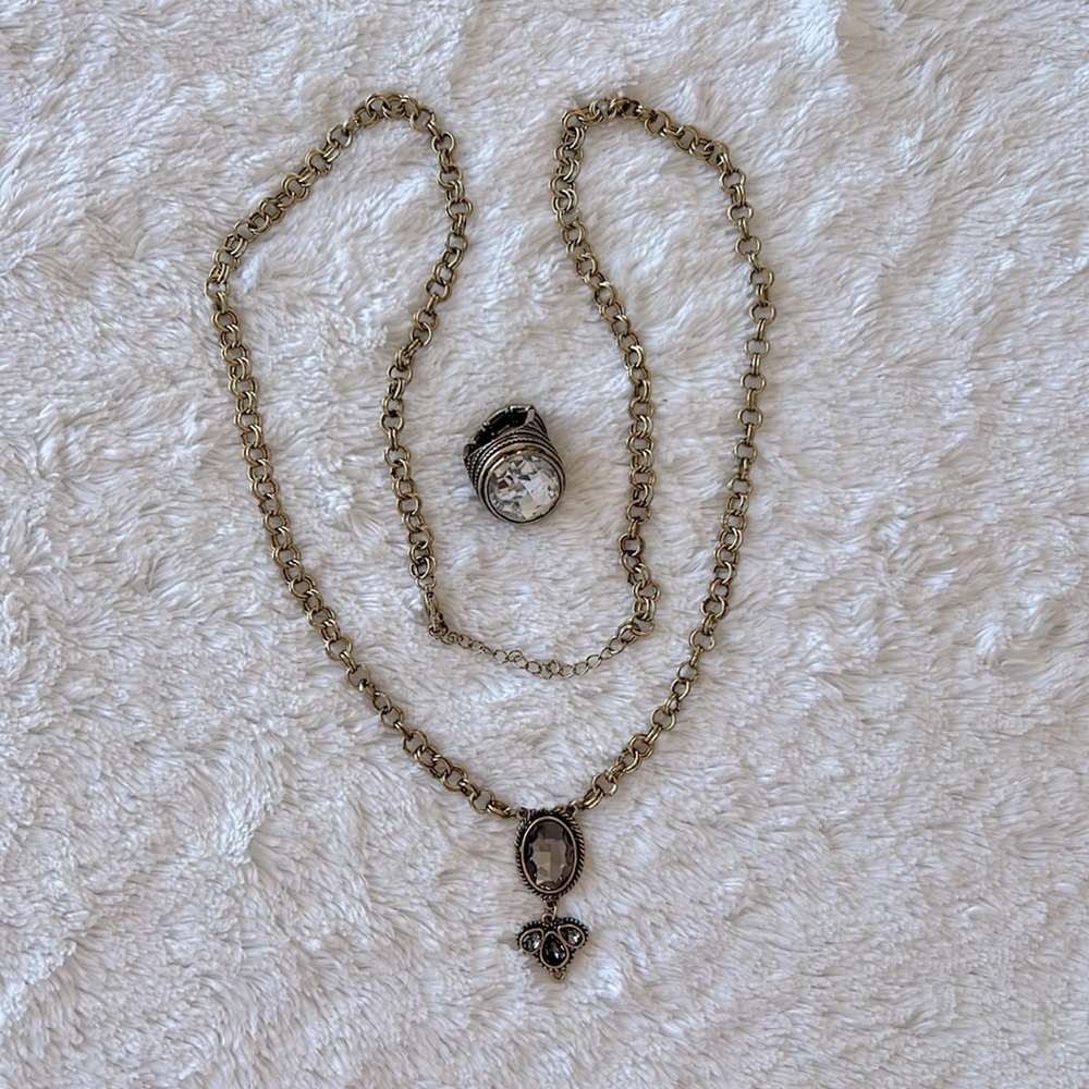 Golden Bronze Tone Linked Long-Length Necklace and Ring